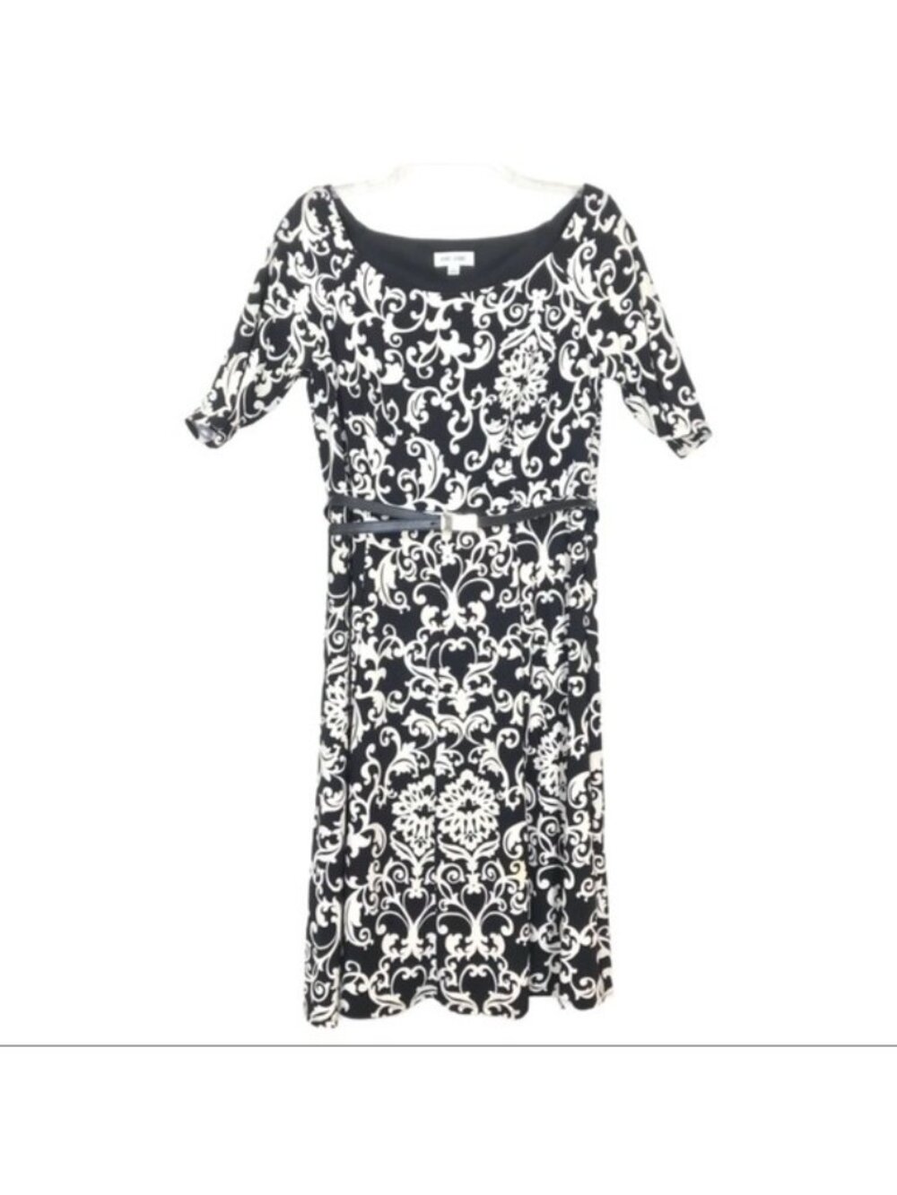 Jones Studio Womens Black White Dress-Size 6-Black White Belted Stretch A-Line